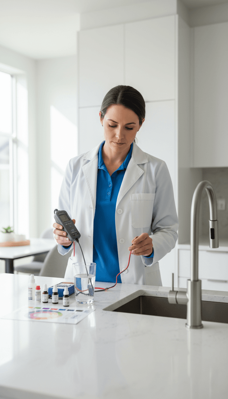technician testing tap water in a kitchen with a sample vial and digital meter