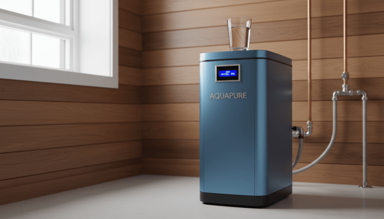 Modern water softener system installed in a clean Calgary home with a glass of clear water on top