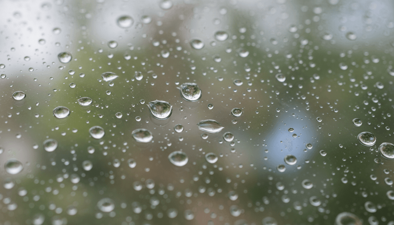 Close up of clean water droplets on a smooth glass surface