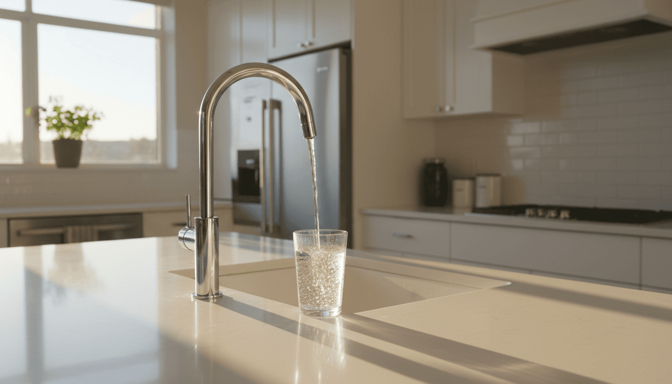 Glass of clear water being poured from a modern kitchen faucet