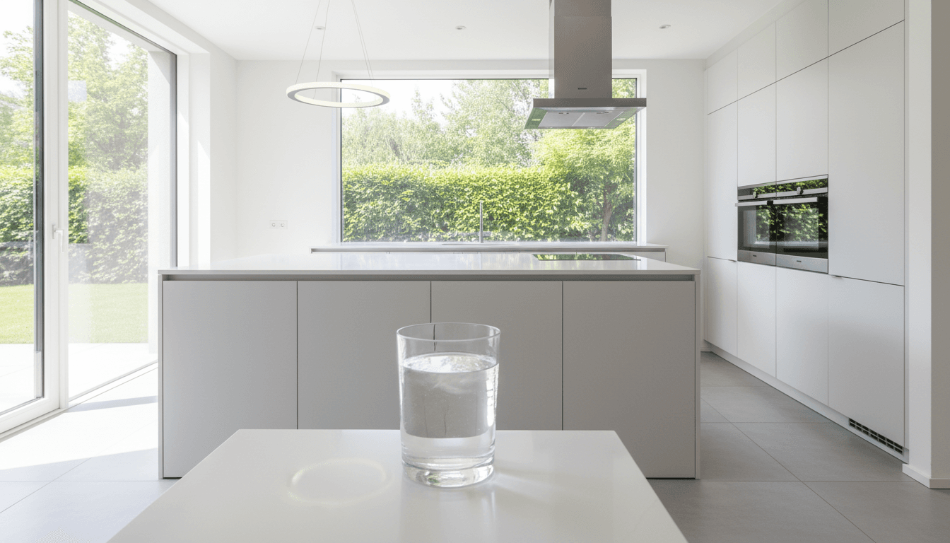 Bright modern kitchen with a glass of clear water on the countertop